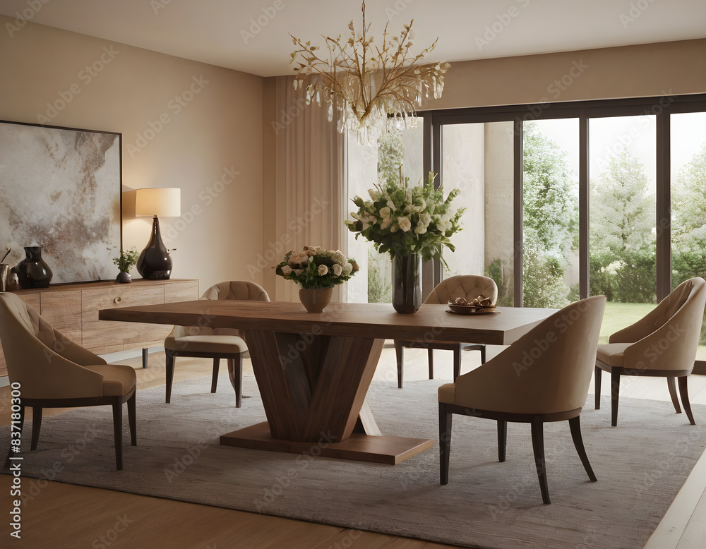 Fototapeta premium Elegant dining room featuring a wooden table, cozy chairs, and expansive windows with tranquil views of lush greenery