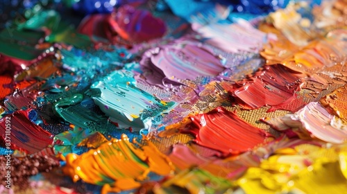 A close up of a vibrant oil paint palette with a variety of colors blending together in an