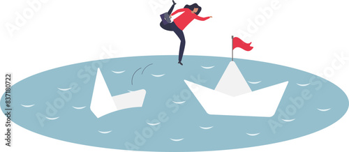 frustrated businesswoman jump to escape from sinking ship to better one.flat vector illustration.