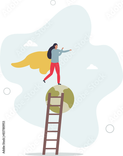 businesswoman superhero on world planet earth pointing direction .flat vector illustration.