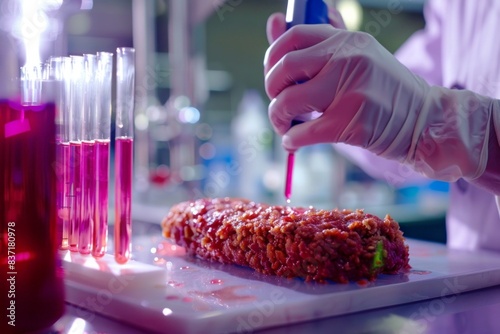 Scientist prepares vegan meat loaf in lab, vibrant test tubes in background