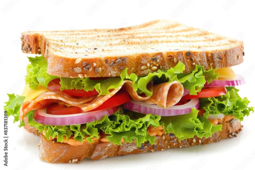 Delicious Sandwich with Crisp Bacon, Fresh Lettuce, and Tomato on White Background Delicious Sandwich with Crisp Bacon, Fresh Lettuce, and Tomato on White Background