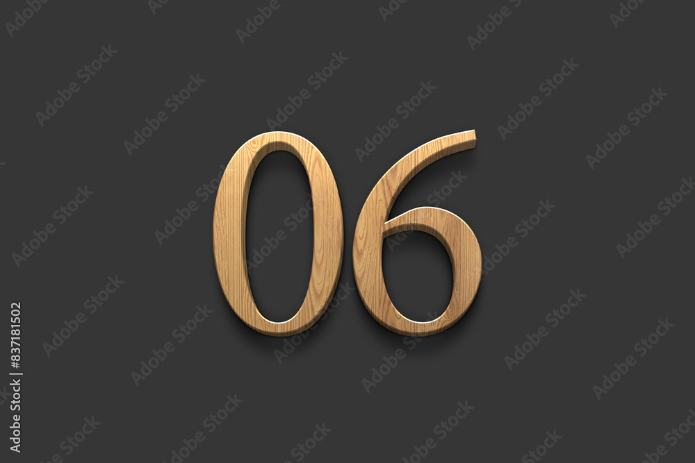 3D wooden logo of number 06 on dark grey background. 3D wooden logo of number 06 on dark grey background.