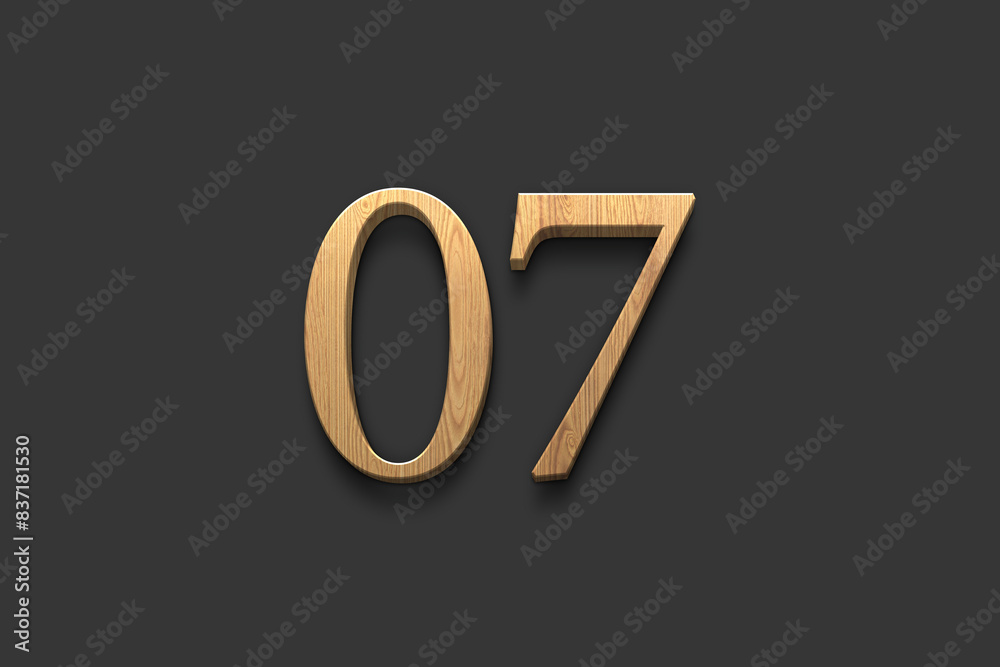 3D wooden logo of number 07 on dark grey background. 3D wooden logo of number 07 on dark grey background.