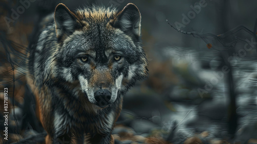 close up of a wild wolf in the park, beautiful wolf in the grass, portrait of a wolf © Gegham