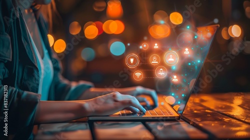 Gesture-based computing realized with floating icons on a laptop.