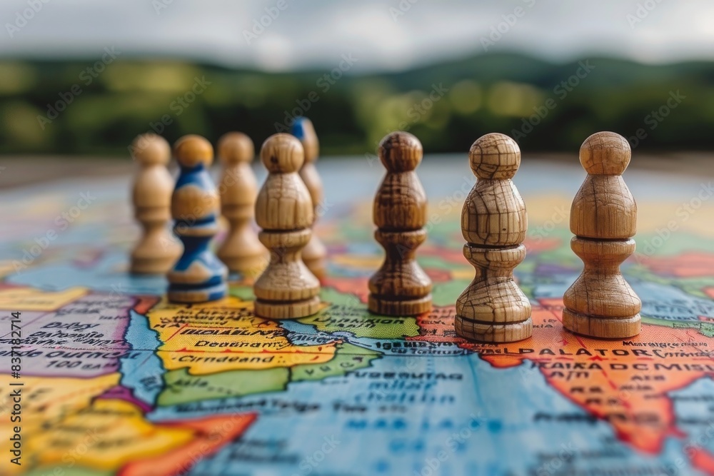 Chess Pieces Strategically Placed on Detailed World Map Chess Pieces Strategically Placed on Detailed World Map