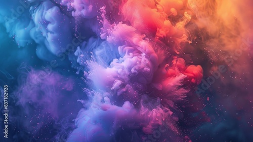 Abstract explosion of colorful smoke blends hues in a soft and vibrant gradient, creating a visually appealing and dynamic artistic backdrop.