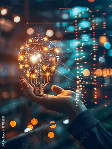 The concept of a bright future held in the palm, with a digitally enhanced lightbulb illuminating connections and possibilities.