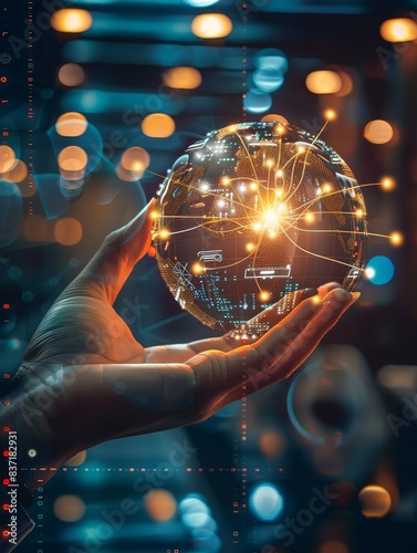 A hand holds a lightbulb filled with a glowing network of digital connections, symbolizing the ignition of a bright idea.