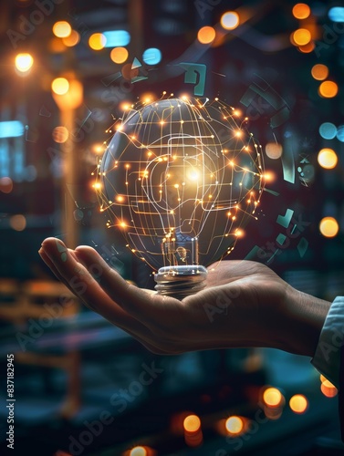 Digital networks and human creativity merge in a hand holding a lightbulb, illustrating a nexus of idea and execution.