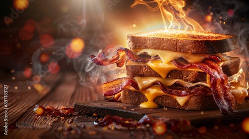 Triple decker grilled cheese sandwich with crispy bacon and melted cheddar cheese on a wooden board, steam rising and glowing bokeh lights in the background. Concept of comfort food, indulgence photo