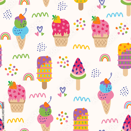 Summer seamless pattern with hand drawn colourful ice cream. Modern texture for fabric, textile, wallpaper. Vector illustration.