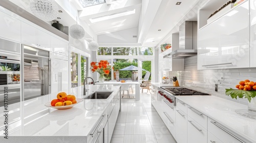 Bright, airy kitchen with contemporary design featuring white cabinets, stainless steel appliances, and large windows allowing natural light. Concept of modern living, cleanliness, and functionality.
 photo