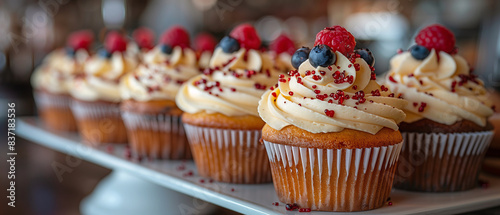 Patriotic themed cupcakes arranged in the shape of an American flag on a dessert table at a 4th of July celebration © OHMAl2T