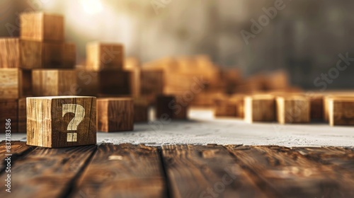 Wooden blocks with question marks in a blurred background, symbolizing mystery and uncertainty; Concept of problem-solving, curiosity, and exploration