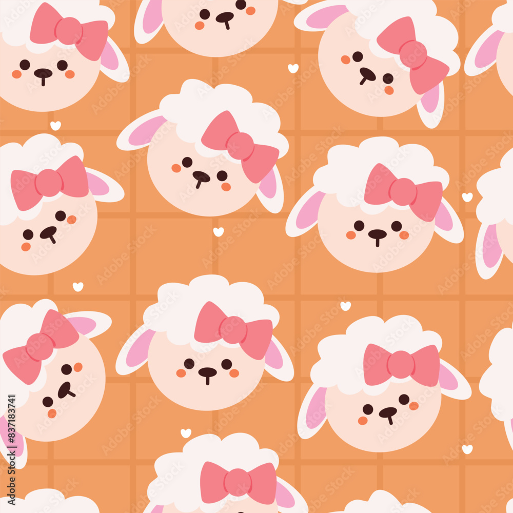 seamless pattern cute cartoon sheep wearing pink ribbon. cute animal wallpaper for textile, gift wrap paper