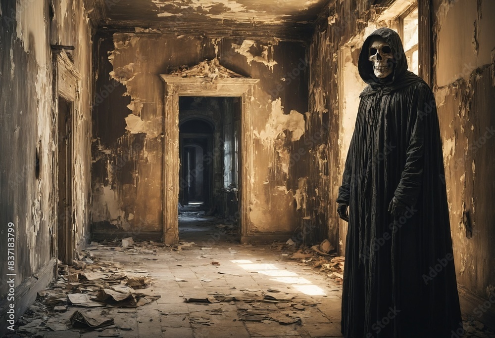 A Phantom Warrior with a cloak made from shadows explores a spooky, abandoned castle. A Phantom Warrior with a cloak made from shadows explores a spooky, abandoned castle.
