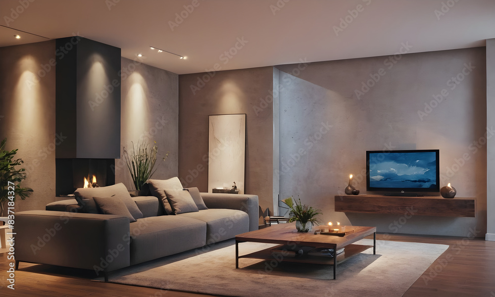 Contemporary living room with plush sofa, cozy fireplace, wooden accents, and ambient lighting for a stylish and elegant atmosphere Contemporary living room with plush sofa, cozy fireplace, wooden accents, and ambient lighting for a stylish and elegant atmosphere