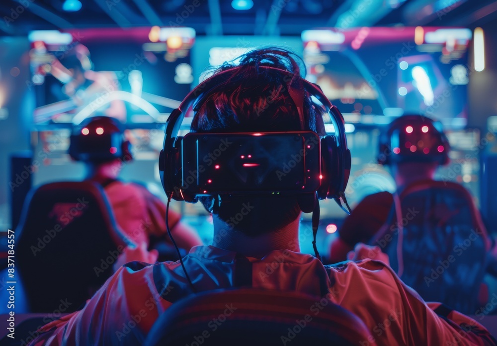 E-sports athletes compete in tournaments using advanced gaming equipment and VR headsets. E-sports athletes compete in tournaments using advanced gaming equipment and VR headsets.