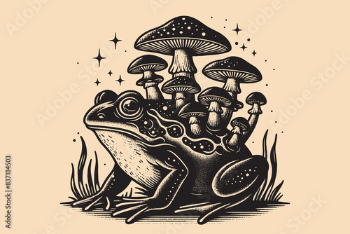 Mystical frog with toadstools on its back. Vintage engraving black and white vector illustration. Cut out, isolated object, print, drawn
