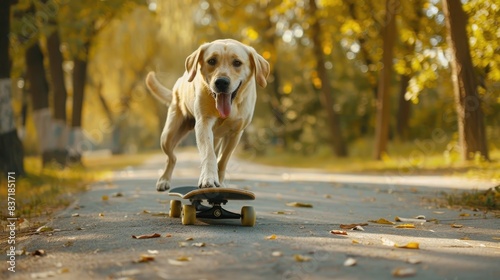 A cute labrador dog rides a skateboard in the summer park