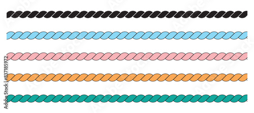 Line rope border element collection. Nautical rope brushes. Set of straight outline silhouette rope borders