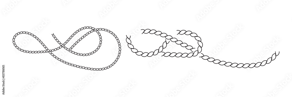 Straight and wavy rope, black monochrome silhouette and outline. Flat vector illustration isolated on white background. Straight and wavy rope, black monochrome silhouette and outline. Flat vector illustration isolated on white background.