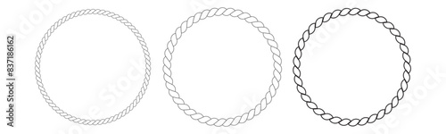 Round rope curve symbol set. Different thickness circular ropes set for decoration. Vector isolated on transparent background.