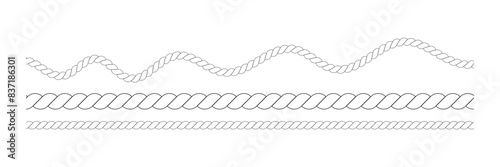 Repeating rope set. Seamless hemp cord line collection. Outline chain, braid, plait stripe bundle. Horizontal decorative plait pattern. Vector marine twine design elements for banner, poster, frame