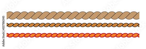Repeating rope set. Seamless hemp cord line collection. Outline chain, braid, plait stripe bundle. Horizontal decorative plait pattern. Vector marine twine design elements for banner, poster, frame
