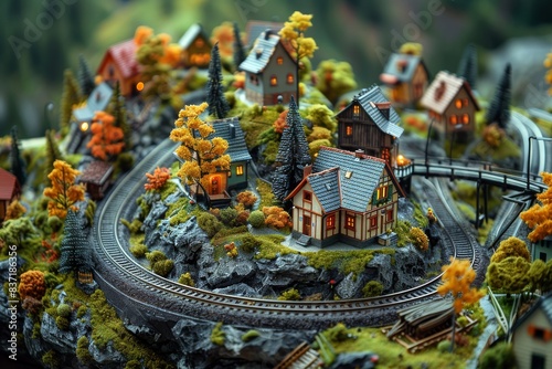 Miniature model train village with illuminated houses and autumn scenery