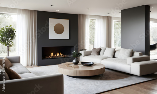 Stylish living room with an elegant fireplace, contemporary furniture, and abundant natural light from spacious windows