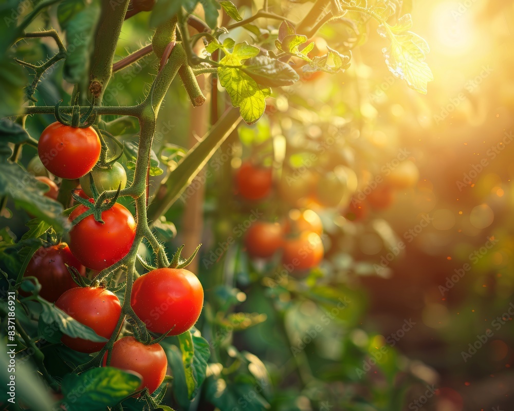 Bountiful garden with ripe red tomatoes, natures seasonal abundance in sunlight Bountiful garden with ripe red tomatoes, natures seasonal abundance in sunlight
