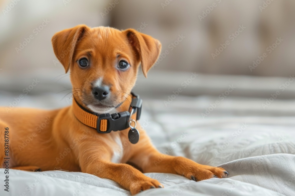 A small brown dog is laying on a bed with a collar around its neck A small brown dog is laying on a bed with a collar around its neck