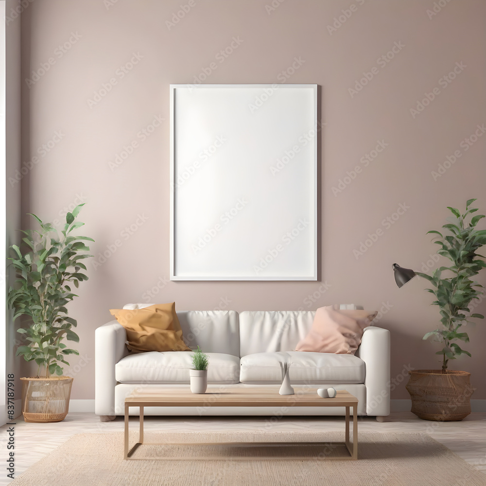 Fototapeta premium Stylish interior with a white couch, wooden coffee table, greenery, and a placeholder frame on a neutral wall
