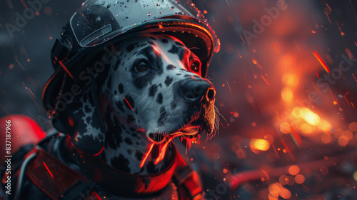 Heroic Dalmatian in firefighter gear stands valiantly in the rain with blazing fire in the background, symbolizing bravery and dedication. photo