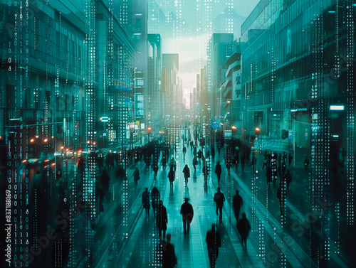 Panoramic of a cosmopolitan street full of indistinguishable and nondescript people crossed by computer data flows, binary code. photo