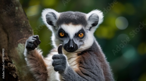 Portrait of friendly lemur making thumbs up.