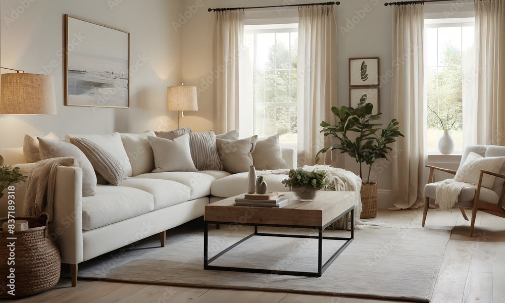 Modern and inviting living room setup with a comfortable sofa, wooden furniture, and decorative plants basking in ample sunlight Modern and inviting living room setup with a comfortable sofa, wooden furniture, and decorative plants basking in ample sunlight