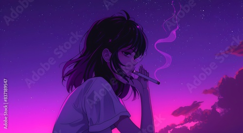 A beautiful anime lofi girl with short black hair smoking a cigarette at night under a purple sky  in an aesthetic style.