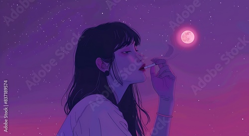 A beautiful anime lofi girl with short black hair smoking a cigarette at night under a purple sky, in an aesthetic style.