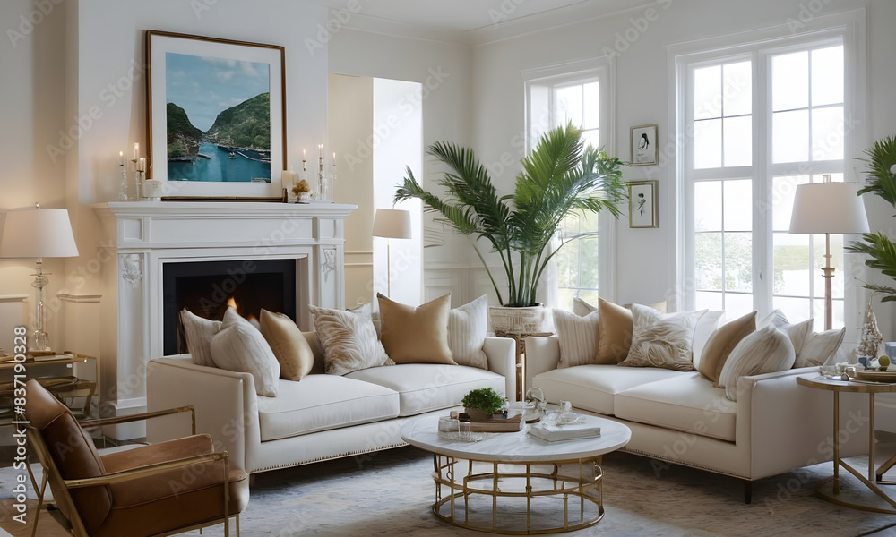 Chic and elegant living room with a welcoming fireplace, comfortable sofas, and tranquil wall decor in a stylish home Chic and elegant living room with a welcoming fireplace, comfortable sofas, and tranquil wall decor in a stylish home