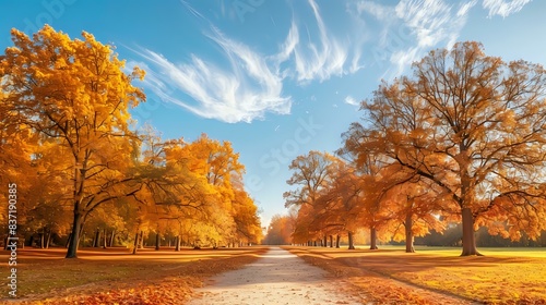 a serene autumn scene. A path  lined with trees in vibrant shades of orange and yellow  stretches into the distance. The sky overhead is a clear blue  with a few clouds scattered across it