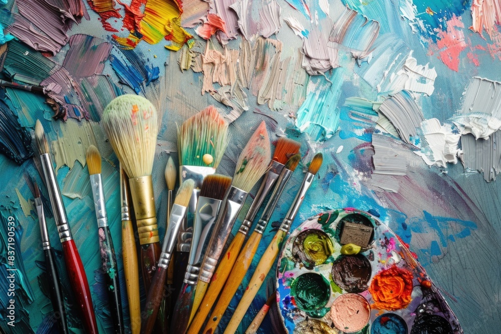 Fototapeta premium Aesthetic background adorned with an array of paint brushes and a palette of different colored pastel paints