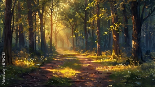 a serene forest trail  bathed in the soft glow of sunlight filtering through the canopy of trees