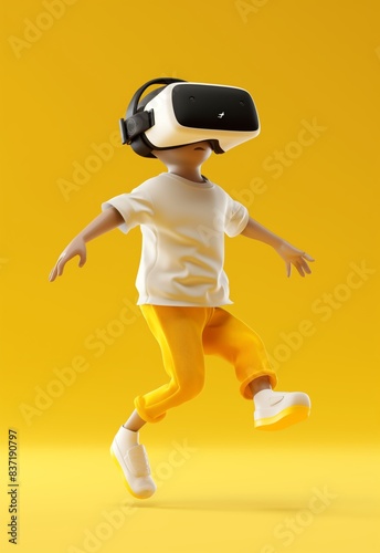 3D character in a jumping pose with a VR headset on a solid background
