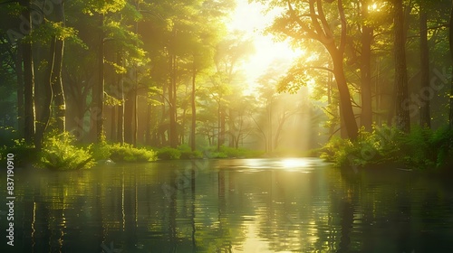 a serene lake nestled in a lush forest  surrounded by towering trees under the warm glow of the sun