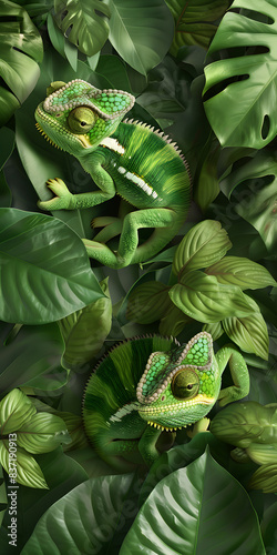 Camalees Vibrantes se Misturando na Foliagem Tropical photo