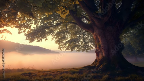 a serene landscape during sunrise. A large tree with a thick trunk stands prominently in the foreground, partially obscured by fog. The sun is low on the horizon, casting a warm glow on the scene © Pik_Lover